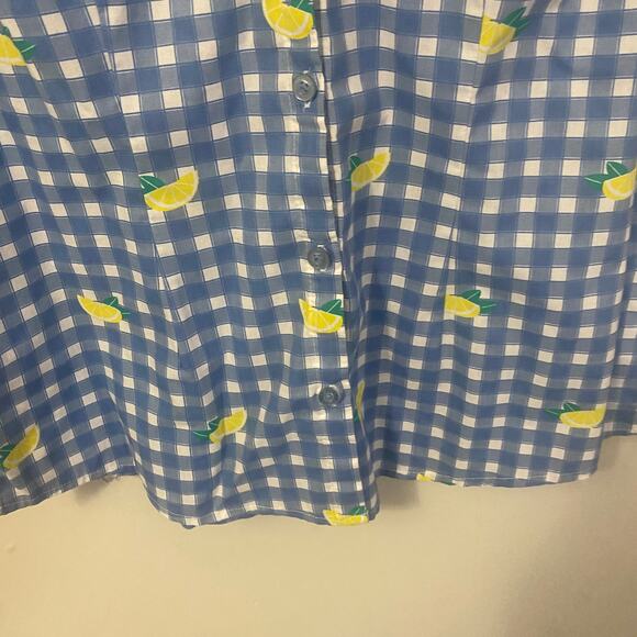 Laura Scott Blue White Gingham Button Down Blouse Lemon Print Sleeveless Sz M - Picture 2 of 9
